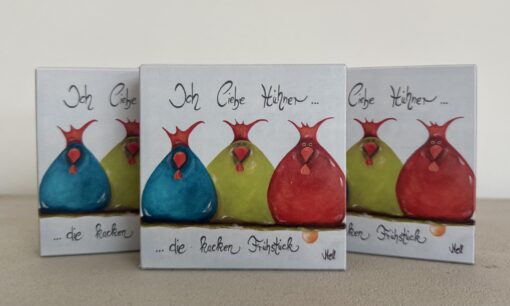 HOLZBILD   10cm x 10cm   "Ich liebe Hühner....die kacken Frühstück"